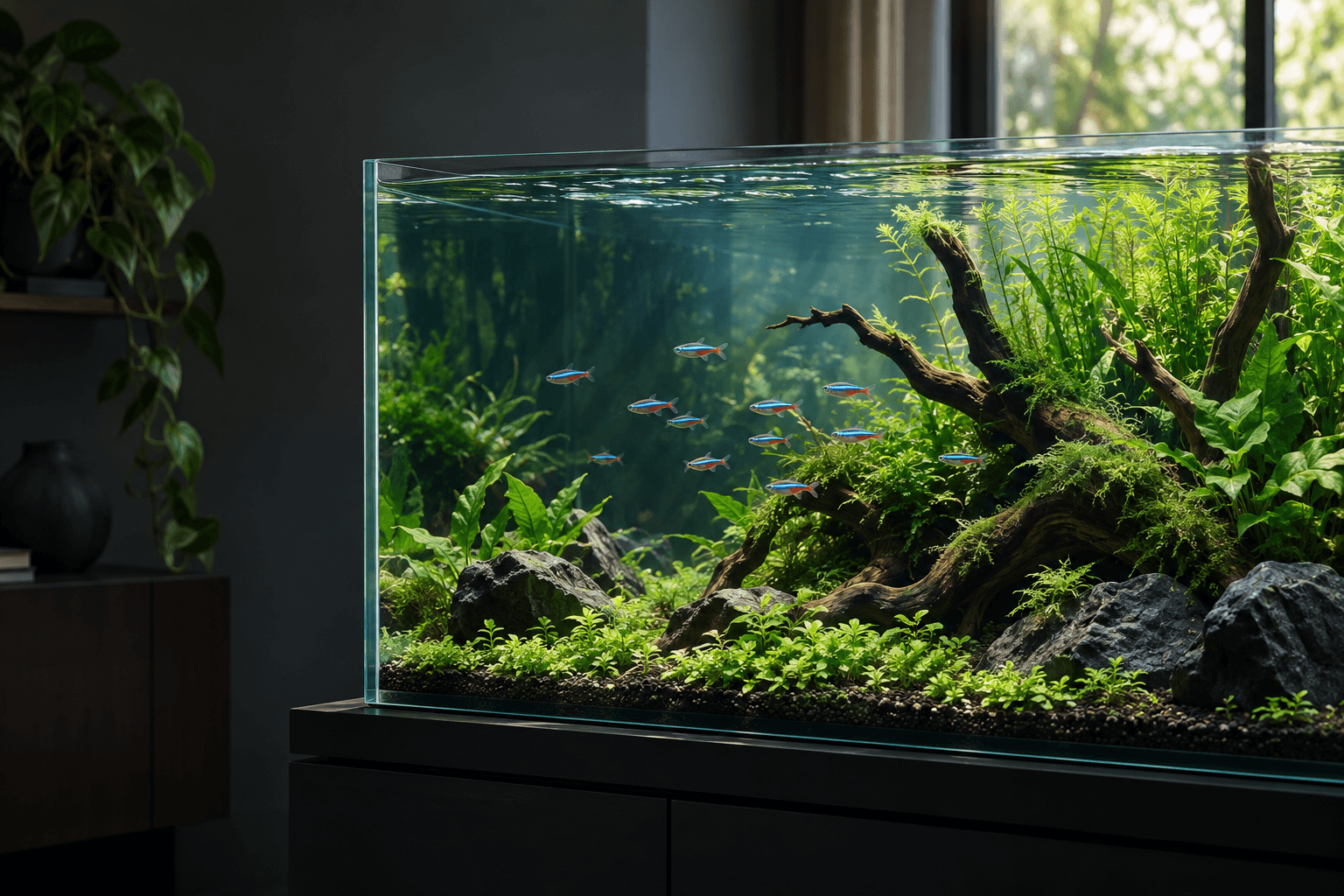 A lush planted freshwater aquarium